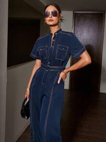 Sollinarry Bộ jumpsuit ống rộng phối màu tương phản phong cách cổ điển dành cho nữ, thích hợp cho mùa xuân và hè. - Màu xanh lam - Xem 2