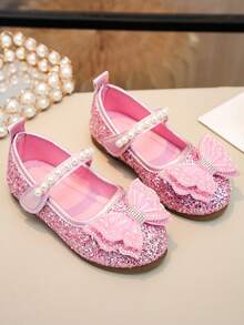 1 Đôi giày công chúa đính sequin hình bướm màu tím, giày đế mềm trang trí ngọc trai cho bé gái mùa xuân/hè, thích hợp cho tiệc sinh nhật, biểu diễn ở trường và các dịp khác, giày nhỏ đa năng. - Hồng - Xem 2