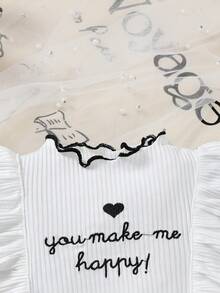 2pcs Baby Girls Casual Cute Fashion Letter Heart Embroidered Ruffle Trim Flare Sleeve Top And Plaid Shorts With Headband Set, Spring/Summer - Black and White - View 4