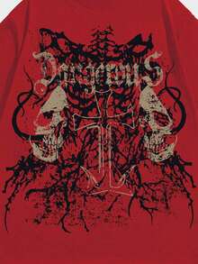 MEN Men Gothic-Style Skull And Cross Printed Loose T-Shirt For Halloween, 2000s Style - Đỏ - Xem 2