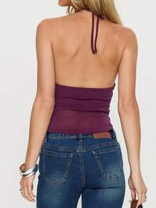 Women's Solid Color Versatile Halter Top, Women's Everyday Commuter Backless Halter Top With A Slim Fit And Irregular Hem. - Red Violet - View 6