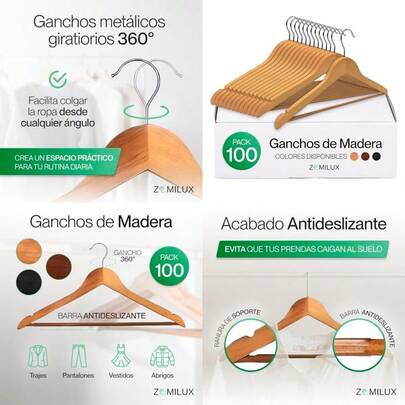 asfd100 Ganchos De Madera para Ropa Adultos - con Barra Antideslizante Y Gancho Giratorio 360° - Perchas Ultra Resistentes para Pantalones Trajes Faldas Y Abrigosws