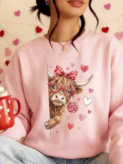 加大码可爱奶牛印花卫衣，甜美休闲风，圆领，长袖，罗纹针织细节，保暖内衬，女士套头卫衣，大码合身，舒适宽松设计，适合秋冬季节日常穿着