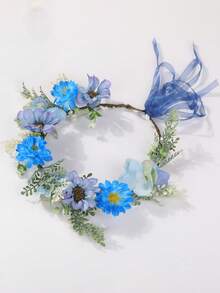 1pc New Floral Headband, Boho Flower Hair Clip, Braided Hair Band, Vintage Bohemian Travel Holiday Headpiece, Coronas, Tiara, Costume Crown, Hair Garland, Head Wreath - Blue - View 3