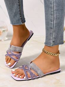 新款春夏时尚休闲绑带凉鞋，舒适平底圆头沙滩拖鞋，百搭女士一脚蹬凉鞋 - 紫色 - 查看 4