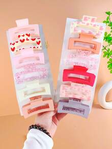 6/12pcs Multicolor Square Hair Clips, Heart Print Hair Accessories Set, Suitable For Girls Daily Wear, Birthday Party, Holiday Event, Beach, Or As A Beautiful Gift For Girlfriend And Best Friend - Multicolor - View 2