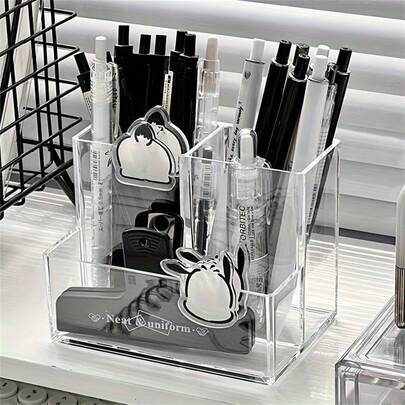 Minimalist Transparent Multi-Compartment Pen Holder, Multifunctional Desktop Stationery Storage Box, Suitable For Office And Study Supplies