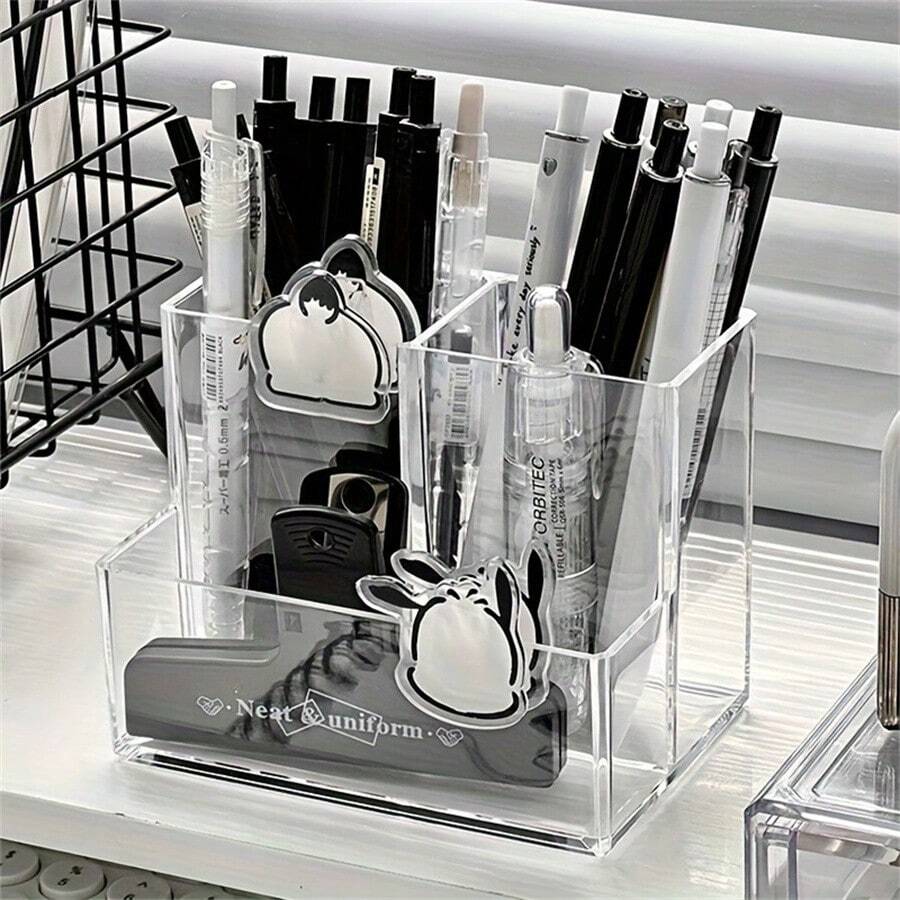 Minimalist Transparent Multi-Compartment Pen Holder, Multifunctional Desktop Stationery Storage Box, Suitable For Office And Study Supplies - Multicolor - View 1
