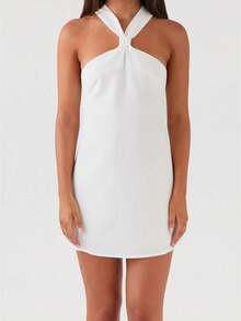 Women's Cream Yellow Halter Neck Mini Dress - Knotted Neck Detail Sleeveless Lightweight Fabric Feminine Stylish Casual Summer Date Wear(S-L) - 白色 - 查看 1