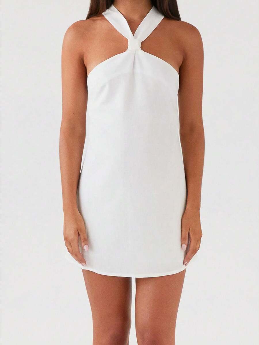 Women's Cream Yellow Halter Neck Mini Dress - Knotted Neck Detail Sleeveless Lightweight Fabric Feminine Stylish Casual Summer Date Wear(S-L) - 白色 - 查看 1