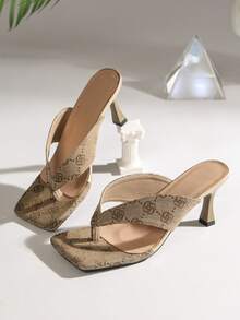 女士花卉刺绣卡其色拖鞋，方头高跟人字拖，时尚女士高跟鞋 - 卡其色 - 查看 5