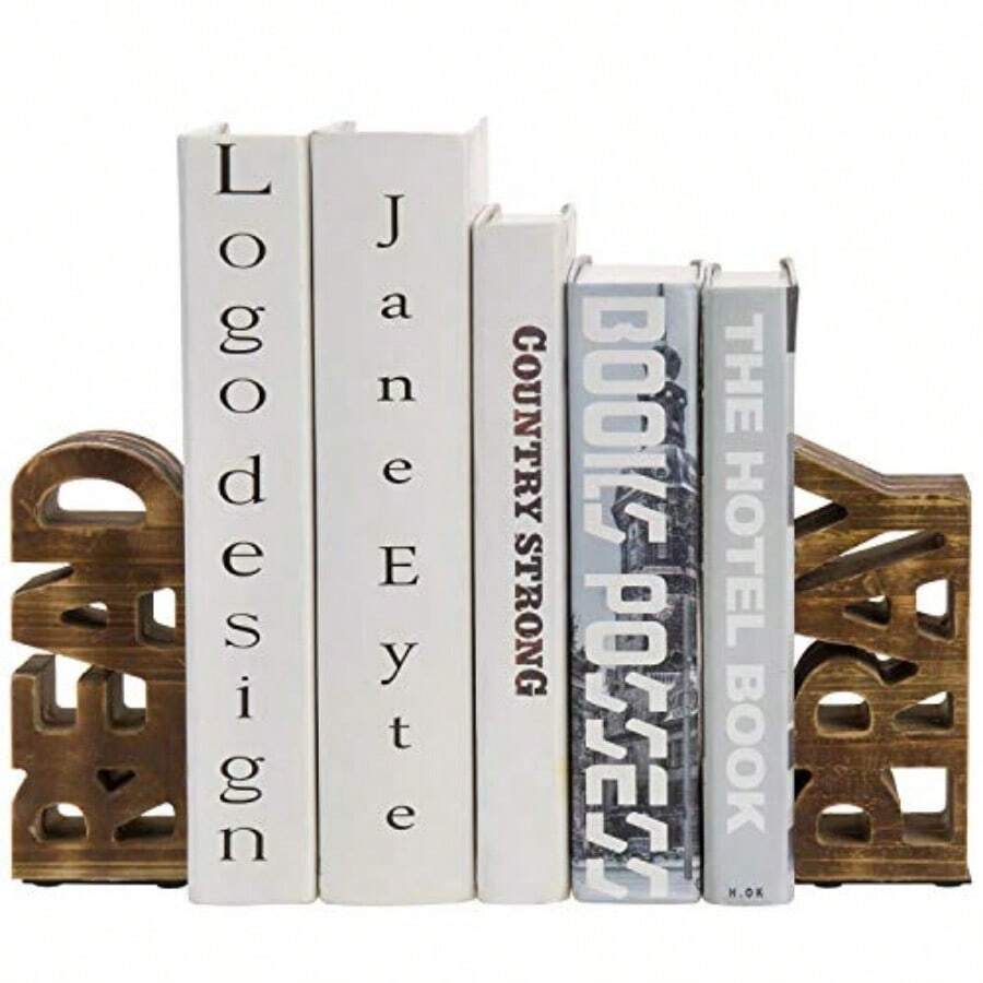 Book Stand & Bookend Soporte de Libros de Madera Rústica Color Marrón Quemado Letras Talladas Read y Pray Sujetalibros Decorativos para Librero Oficina Escritorio o Biblioteca en Casa Juego de 2 Sujetalibros - Marrn - Ver 1