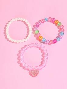 3pcs/Set Girls Sweet Heart Pendant Pearl Bracelet Set, Adorable Beaded Bracelet, Suitable For Daily Wear, Festivals, Valentine's Day Gift, Girls Accessories