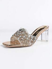 Zapatos de tacón alto elegantes y de lujo para mujer, con cristales transparentes. Tacón cuadrado totalmente decorado con cristales, tacón grueso y cómodo. Glamoroso y brillante con cristales, adecuado para fiestas, reuniones, bailes, compras y diversas ocasiones y festivales, que muestran un estilo elegante, de moda y versátil. Zapatos de tacón alto cómodos, sandalias de tacón alto decoradas con cristales. - Champán - Ver 6