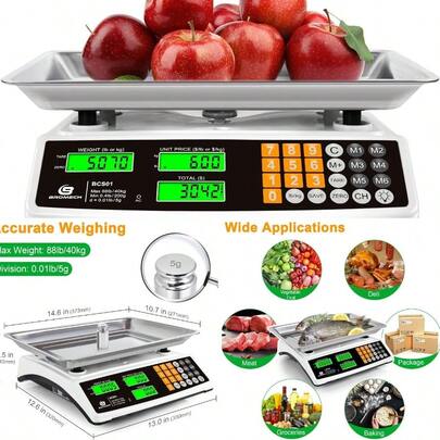 Price Computing Scale 88lb/40kg Commercial Food Scale Produce Meat With Stainless Steel Large Platform, LCD Display, And Green Bright Backlight For Farmers Markets, Not For Trade