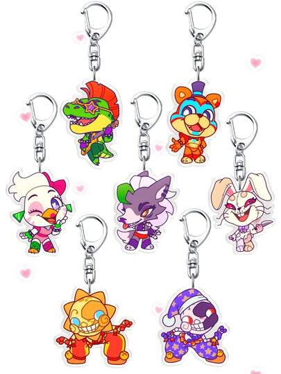 一套七件装卡通FNAF亚克力钥匙扣，包含Sunrise、Moonlight和Vanie等Y2K风格摇滚角色。另有Five Nights At Fredd-Y钥匙扣、汽车钥匙扣、日常背包挂饰、包包吊坠、挂绳等款式可选。是送给男友、女友、家人、医生、护士的完美礼物，也可作为手机装饰等使用。