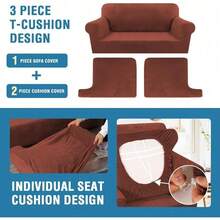 Trugenix-Sofa Cover 2 Piece T Cushion Armchair Slipcovers Velvet Couch Cover Furniture Protector Stretch T Cushion Sofa Covers For 1 Cushion Couch With 1 Individual T Cushion Covers, Deep Teal-GP - Rust - 查看 11