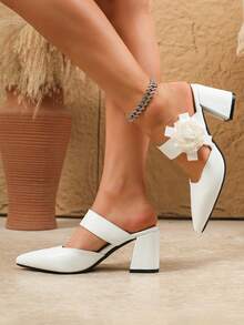Sapatos de salto grosso com bico fino e tamanhos grandes, versáteis para ocasiões casuais e festas. - Branco - Ver 4