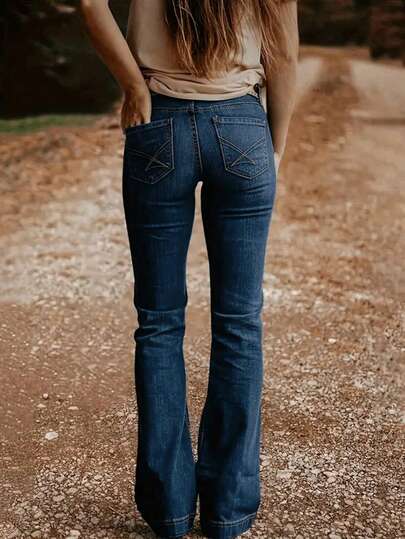 Women's Fashion Back Pocket Embroidered Flare Stretch Jeans Casual Spring Fall