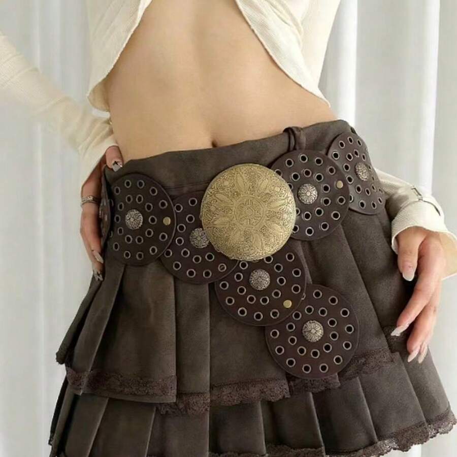 1 Stück Damen PU Mokka Braun Westlicher Cut Out Metall Ösen Taillengürtel - Mokka-Braun - Übersicht 1