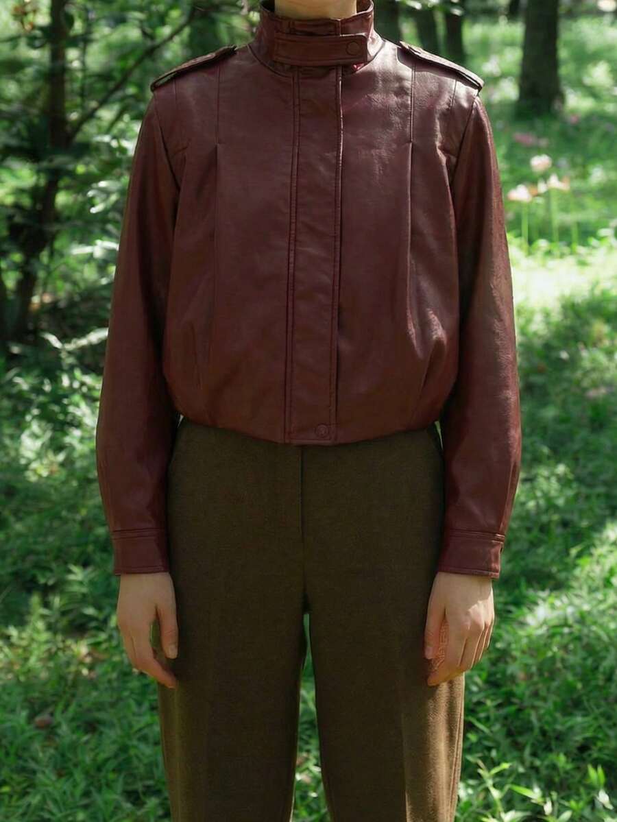 OUTTA BOX Áo khoác dáng ôm cổ đứng tối giản bằng da giả, áo khoác da giả màu trơn thời trang với cầu vai, trang phục ngoài trời thanh lịch cho mùa xuân. - Màu Đỏ Sâu - Xem 1