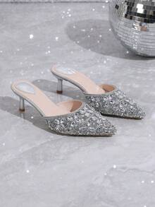 Women's Pointed Toe High Heel Sandals, 6CM Thin Heel, Sparkling Rhinestone Decor, Soft Cushioned Insole, Slip-On Design, Versatile For Dresses, All Season Wear. Fashionable French Style Rhinestone Embellished High Heel Sandals, Random Print Or Solid Color, Suitable For Party, Preppy, Elegant, Nightclub, Fairy Fabric, Glitter, Weddings, Beach, Office, Home, Spring/Summer,Kitten Heels - Silver - View 5