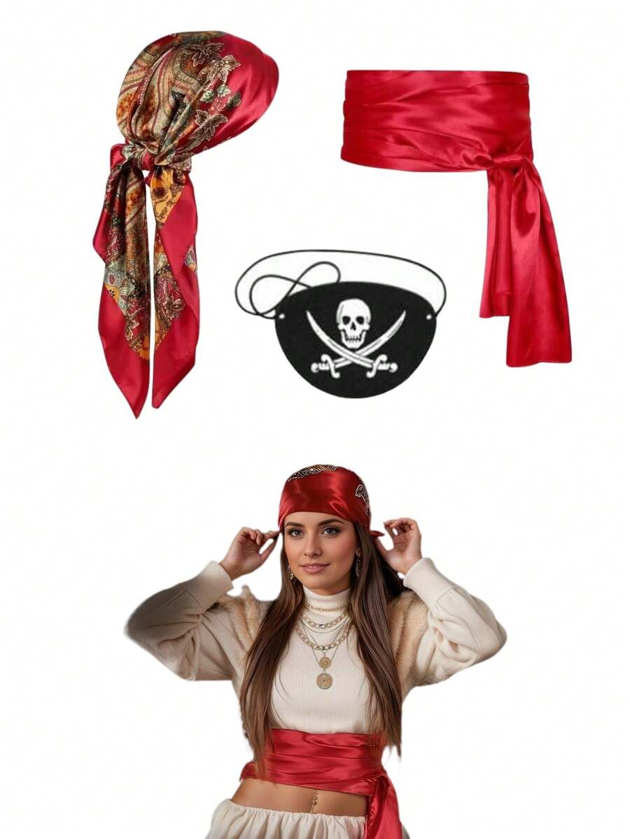 1/3 قطعة من عصابة الرأس والحزام من القماش الساتان الأحمر والأخضر للكريسماس والعصر الوسيط والنهضة والقرصنة، مع قناع قرصان، إكسسوارات لحفلة الكرنفال والمناسبات الخاصة، زي حفلة عيد الحب - متعدد الألوان - مشاهدة 1