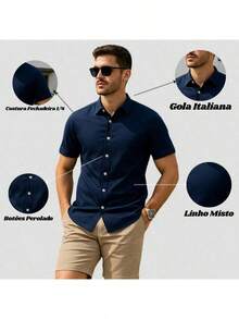 Short-Sleeved, Slim-Fit Casual Shirt With Italian Collar And Italian Collar. - 藏蓝色 - 查看 5