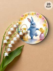 1pc Easter Theme, Blue Bunny, Chick, Glitter Painted Eggs, Daffodil/Pink Flower Wreath, Watercolor Style, Round Composition, Decorative Hanging Sign, 2D Flat Print, Wooden Decor. For Scene Decoration, Hanging Display, Restaurant, Bar, Storefront, Cafe - Multicolor - View 4