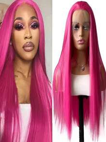 13x4 Rose Red Free Parting Straight Style 30 Inches Synthetic Lace Front Wig With Natural Look - Hot Pink - View 3