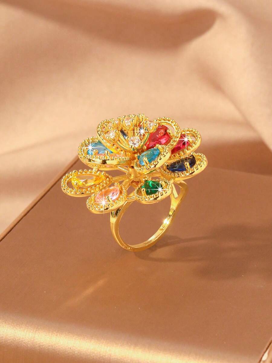 Bohemian Style Colorful Crystal Flower Ring - Exaggerated Gold-Plated Cocktail Ring, Suitable For Women's Party/Date - Multicolor - View 1