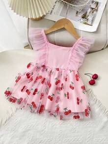 1pc Baby Girl Sleeveless Cherry Print Mesh Dress, Breathable Summer Outfit - Pink - View 2