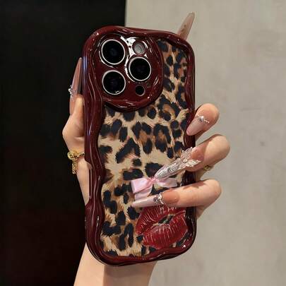 Cute Leopard Print Novelty Cases Lip Pattern Bow Decoration Phone Case Compatible With IP17/IP17PROMAX/Iphone16/Iphone16pro/Iphone16promax/Iphone15/ XR /7p8p/P12promax/P13promax/P14PROMAX /P13/P14/P11/P12/P14 Thick Protective Cover Spring Gift Birthday Party Fashionable