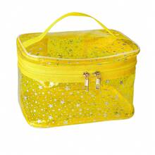 Star Print Yellow PVC Makeup Bag With Handle - 8.66 * 5.51 * 5.51 Inch,Clear Storage Bag Toiletry Pocket Portable Zippered Pouch Waterproof Cosmetic Organizer Bags For Women (Yellow-L) - 黃色-L - 查看 1