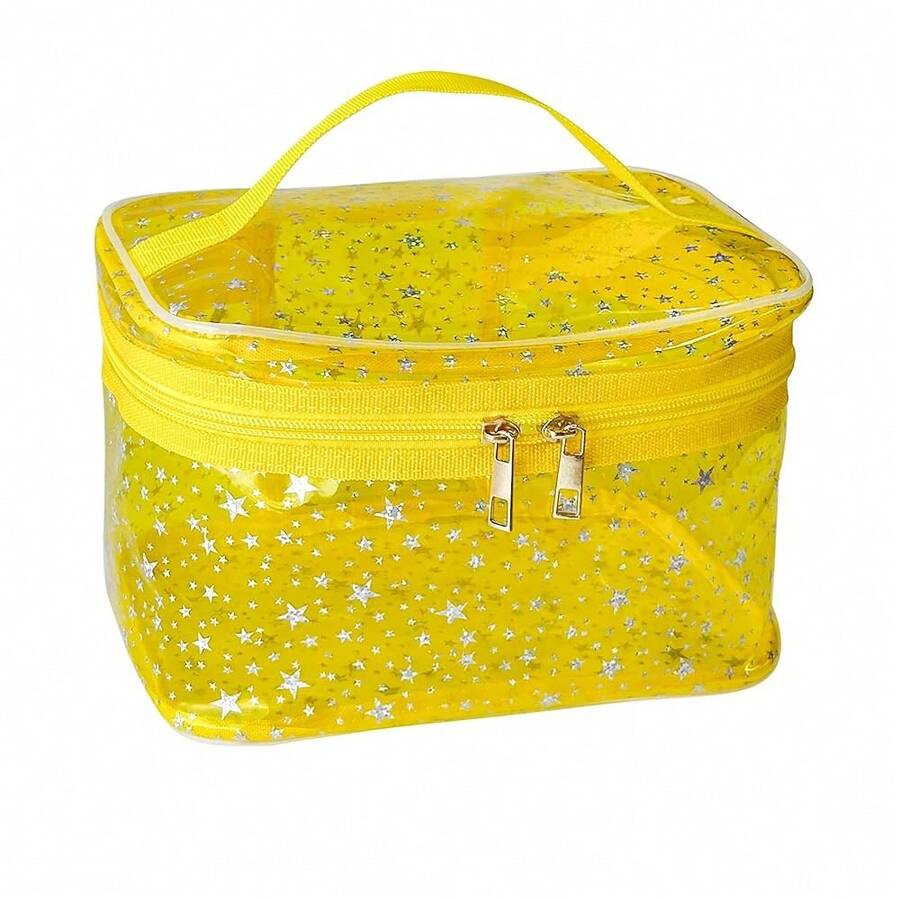 Star Print Yellow PVC Makeup Bag With Handle - 8.66 * 5.51 * 5.51 Inch,Clear Storage Bag Toiletry Pocket Portable Zippered Pouch Waterproof Cosmetic Organizer Bags For Women (Yellow-L) - 黃色-L - 查看 1