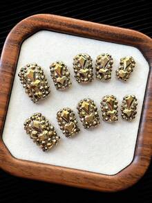 Y2K方形美甲，手工制作，透明甲片，金色水钻，闪亮全覆盖3D设计 - 全覆盖DIY闪光人造指甲，适用于派对、户外、海滩、日常、节日、聚会、工作和特殊场合 - 10片/包 - 金色 - 查看 2