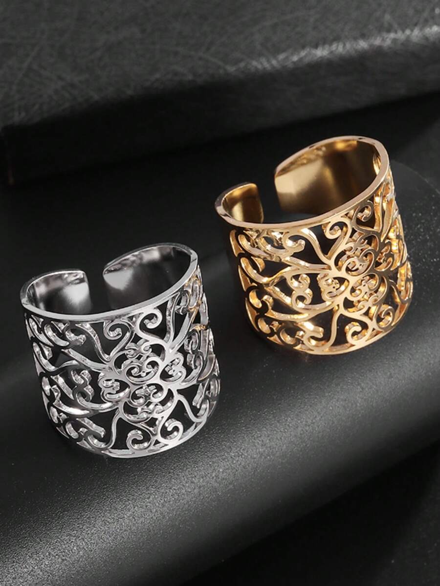 SeuSuk 1pc Stainless Steel Hollow Flower Open Ring, Fashion Jewelry Gift For Women