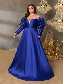 Faeriesty Plus Size Women's Elegant Off-Shoulder Formal Evening Dress - Featuring Dramatic Puff Sleeves, Bold High Slit, And Fitted Waistline - Perfect For Grand Celebrations, New Year Parties, Formal Galas, Exclusive VIP Events, And Glamorous Masquerade Balls - Royal Blue - View 5