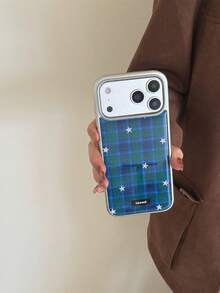 Capa para celular Niche Ins com estampa xadrez azul-esverdeada e estrelas, compatível com iPhone 16 Pro Max, 17 Pro Max, 16 Pro, 17, 15, 14/13, capa protetora de alta qualidade.