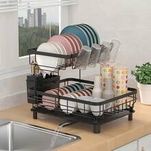 2-Tier Heavy-Duty Metal Dish Drying Rack With Drainboard - Large Capacity Dish Drainer Organizer, Utensil & Cup Holder, -Standing Space-Saving Kitchen Rack Small Apartments, Painted Durability - Black - View 1