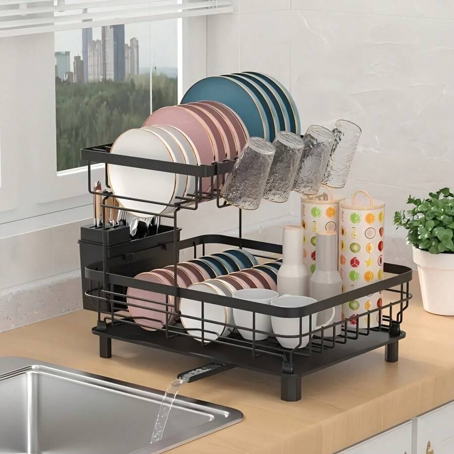 2-Tier Heavy-Duty Metal Dish Drying Rack With Drainboard - Large Capacity Dish Drainer Organizer, Utensil & Cup Holder, -Standing Space-Saving Kitchen Rack Small Apartments, Painted Durability - Black - View 1
