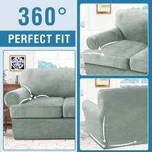 Trugenix-Sofa Cover 2 Piece T Cushion Armchair Slipcovers Velvet Couch Cover Furniture Protector Stretch T Cushion Sofa Covers For 1 Cushion Couch With 1 Individual T Cushion Covers, Deep Teal-GP - 海草 - 查看 8