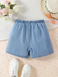 1件 女童时尚日常刺绣粉色蝴蝶结牛仔短裤 - 淺色水洗藍 - 查看 2