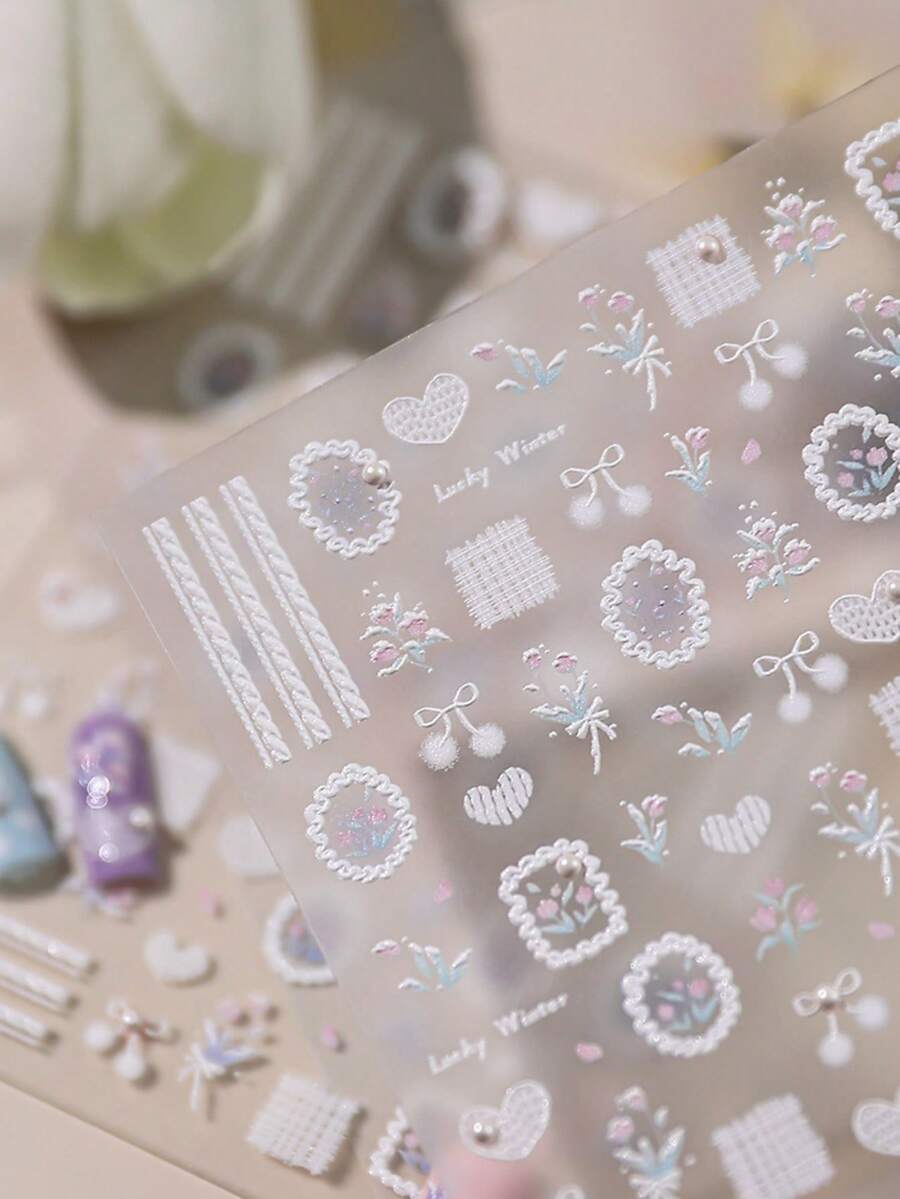 1 Piece Of Luxury Nail Sticker With Embossed Floral Stickers, Charming Nail Stickers, Faux Pearl Style Spring Nail Art Stickers Nails Nail Supplies - Multicolor - View 1