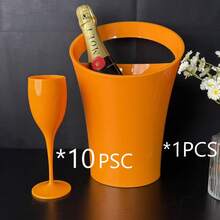 Juego de cubeta de hielo de plástico naranja reutilizable de 4L con copas de champán de plástico de 5.98oz, adecuado para fiestas y uso doméstico, apto para lavavajillas - Naranja - Ver 6