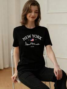 Camiseta de mujer de verano de ajuste holgado con cuello redondo y manga corta, con estampado de eslogan simple, estilo casual de vacaciones. Blusa de moda apta para uso diario y de vacaciones. - Negro - Ver 2