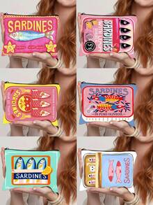 Vintage Sardine Fish Pattern Unisex Cosmetic Bag, Large Capacity Foldable Spacious Zipper Pouch, Travel Essential Lightweight Small Item Storage Bag, Portable Handheld Bag, Multi-Function Coin Purse, Toiletry Bag, Pencil Case, Makeup Brush Bag, Women's Daily Carry-On, Suitable For Commuting, Vacation, Business, Fitness And Outdoor Use