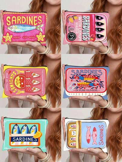 Vintage Sardine Fish Pattern Unisex Cosmetic Bag, Large Capacity Foldable Spacious Zipper Pouch, Travel Essential Lightweight Small Item Storage Bag, Portable Handheld Bag, Multi-Function Coin Purse, Toiletry Bag, Pencil Case, Makeup Brush Bag, Women's Daily Carry-On, Suitable For Commuting, Vacation, Business, Fitness And Outdoor Use