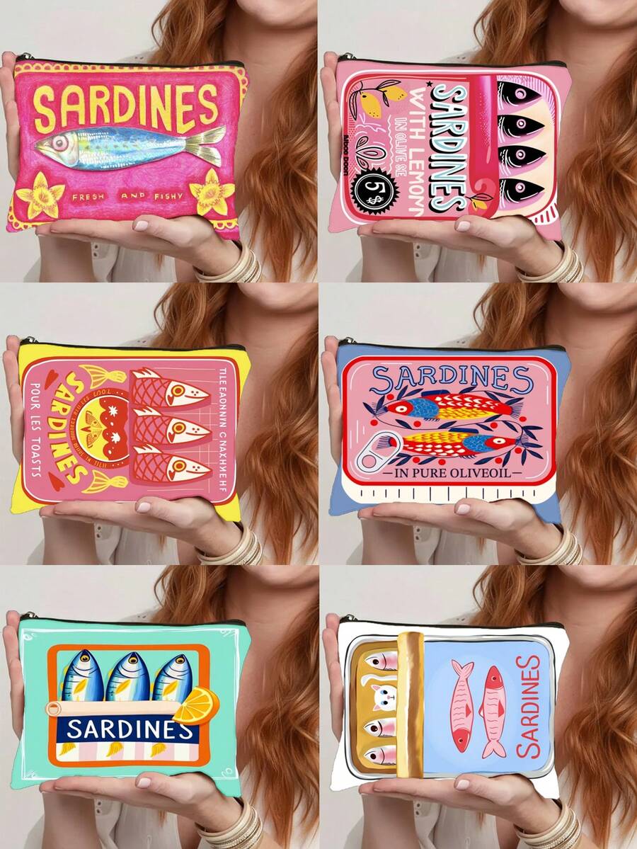 Vintage Sardine Fish Pattern Unisex Cosmetic Bag, Large Capacity Foldable Spacious Zipper Pouch, Travel Essential Lightweight Small Item Storage Bag, Portable Handheld Bag, Multi-Function Coin Purse, Toiletry Bag, Pencil Case, Makeup Brush Bag, Women's Daily Carry-On, Suitable For Commuting, Vacation, Business, Fitness And Outdoor Use