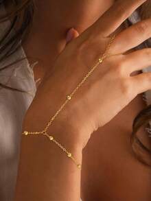 1件时尚个性简约金属串珠链指环手链，百搭，适合日常佩戴（手工切割链条至合适长度，珠子数量随机） - 金色 - 查看 2